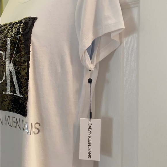 CALVIN KLEIN WOMENS SEQUINED CK LOGO T-SHIRT - Picture 5 of 7